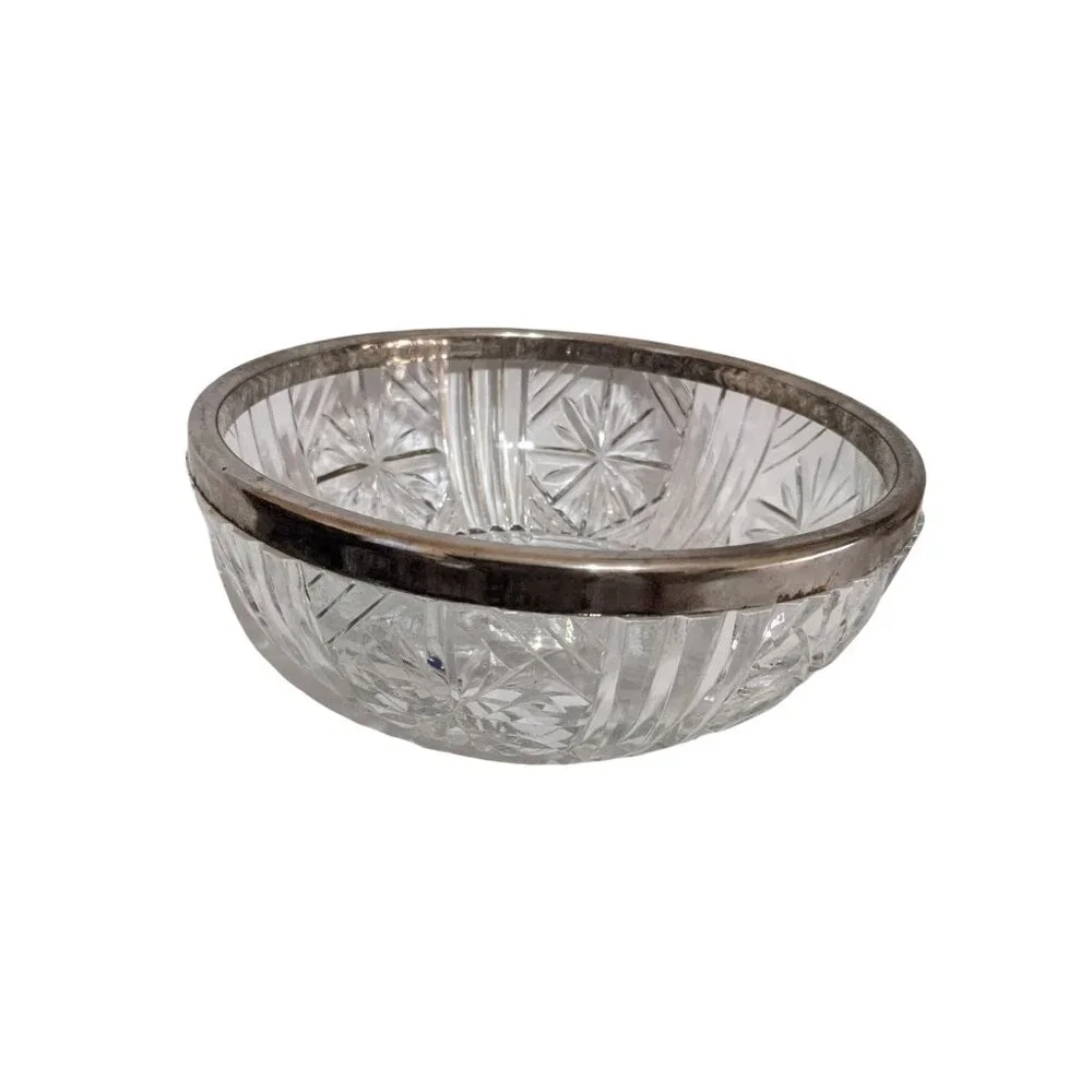 Pressed Glass Bowl With Silver-Plated Rim Starburst Pattern Vintage Elegant Deco